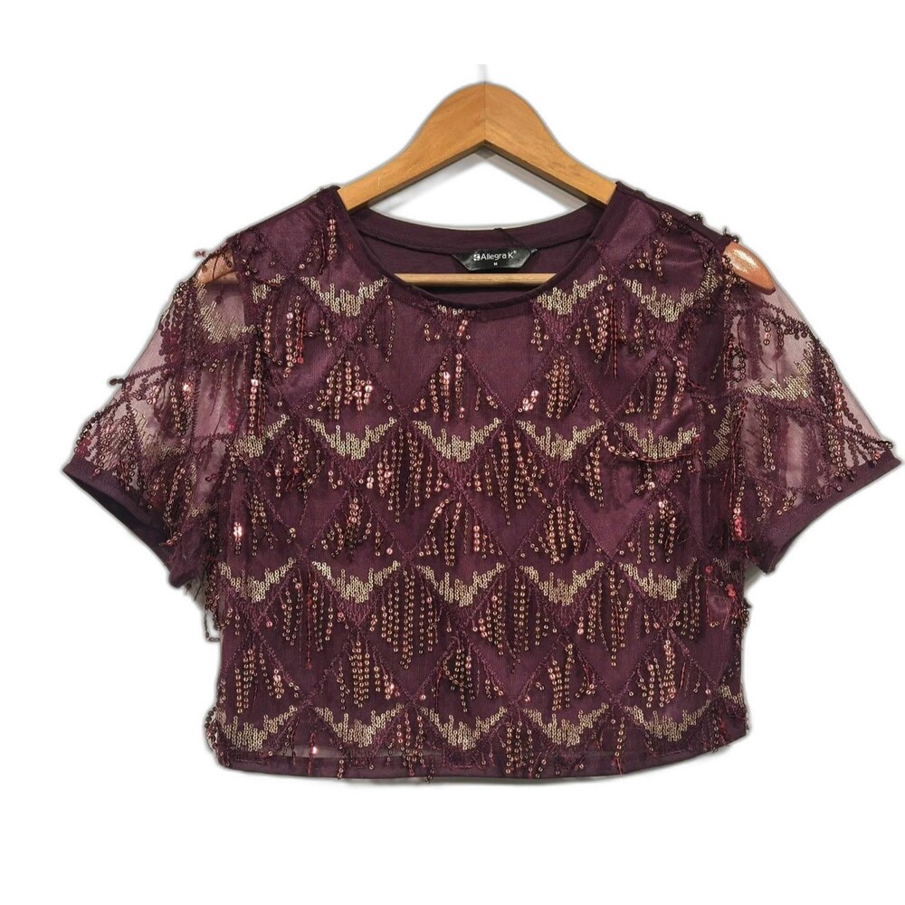 Allegra K Shiny Purple Metallic Sequin Crop Top M Festival Rave Night Out